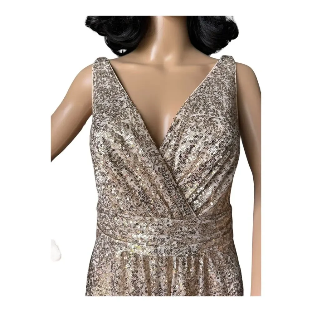 David's Bridal sequin v-neck bridesmaid dress with satin piping gold size 8